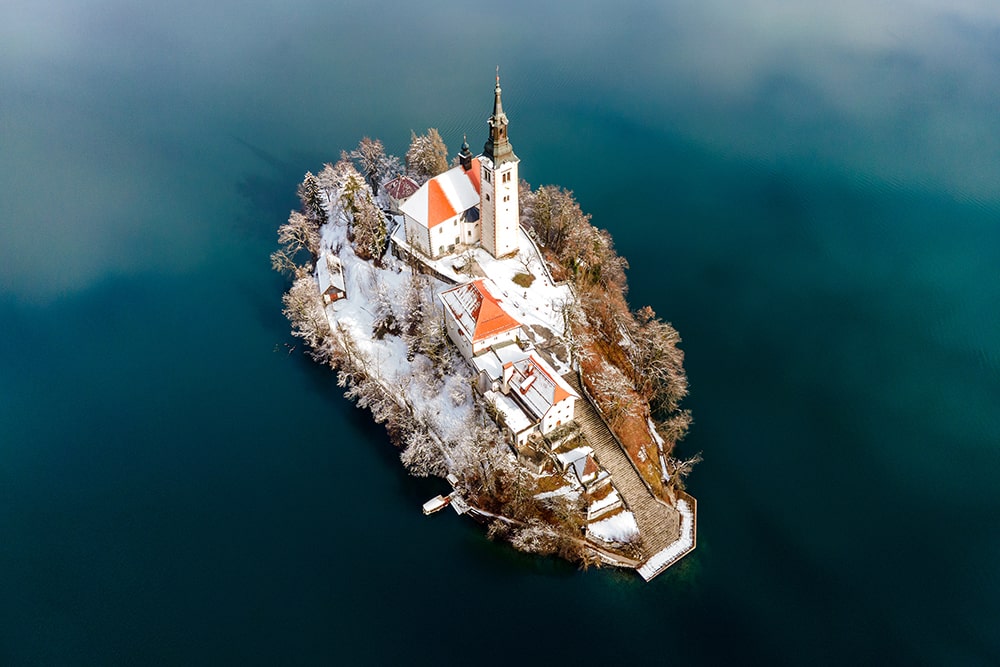 Lake Bled Island Aerial View Winter